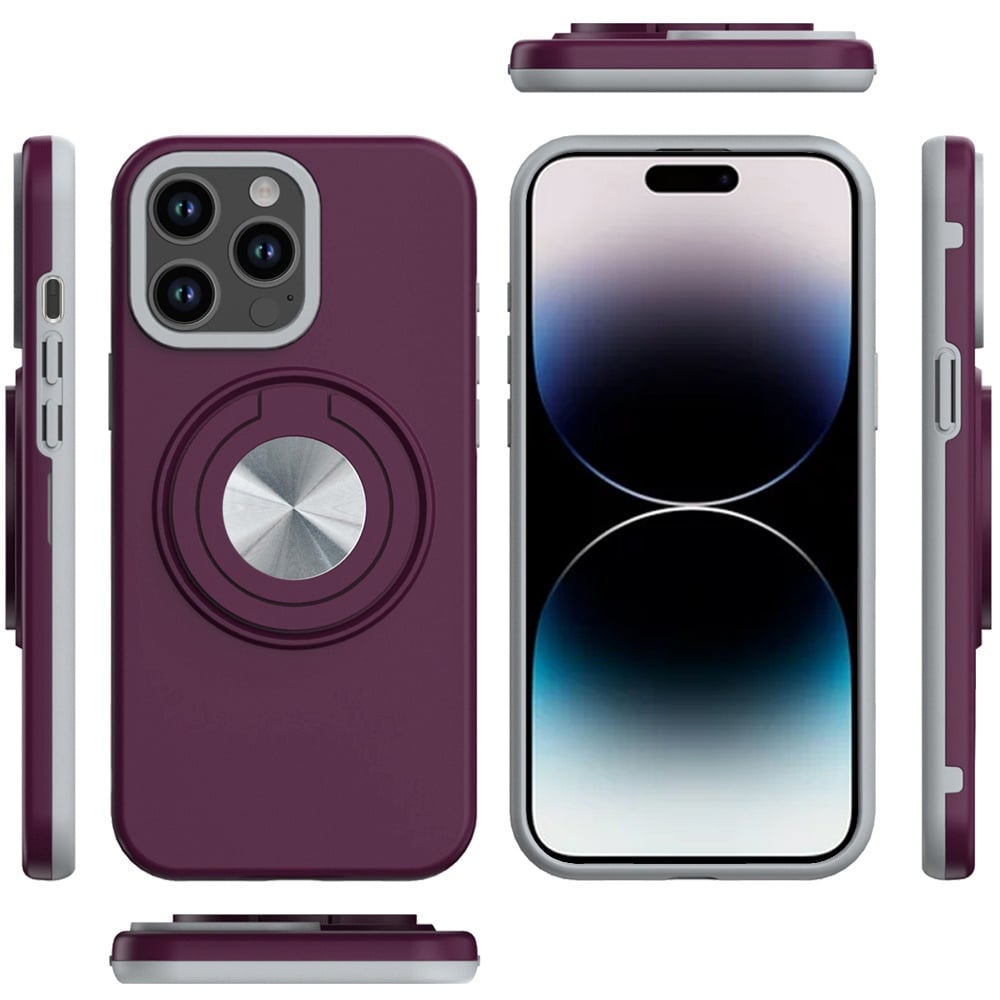 Phone Case for Apple iPhone 14 Pro Max Shockproof Magnetic Ring Stand Rotating CarMount Hybrid Metal Matte Finish AntiSlip Grip Kickstand Cover Purple