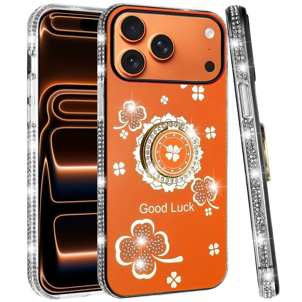 For Apple iPhone 17 Pro Max (6.9") Diamonds Bling All Around Edges Sparkly Glitter Hybrid with Ring Stand Holder Fashion Good Luck Case Cover