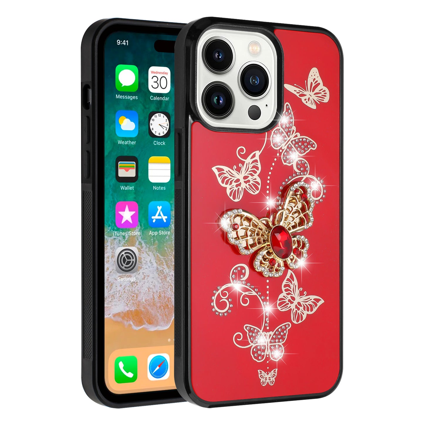 For Apple iPhone 16 Plus (6.7") Diamonds 3D Bling Sparkly Glitter Ornaments Engraving Hybrid Fashion Ring Stand Case Cover