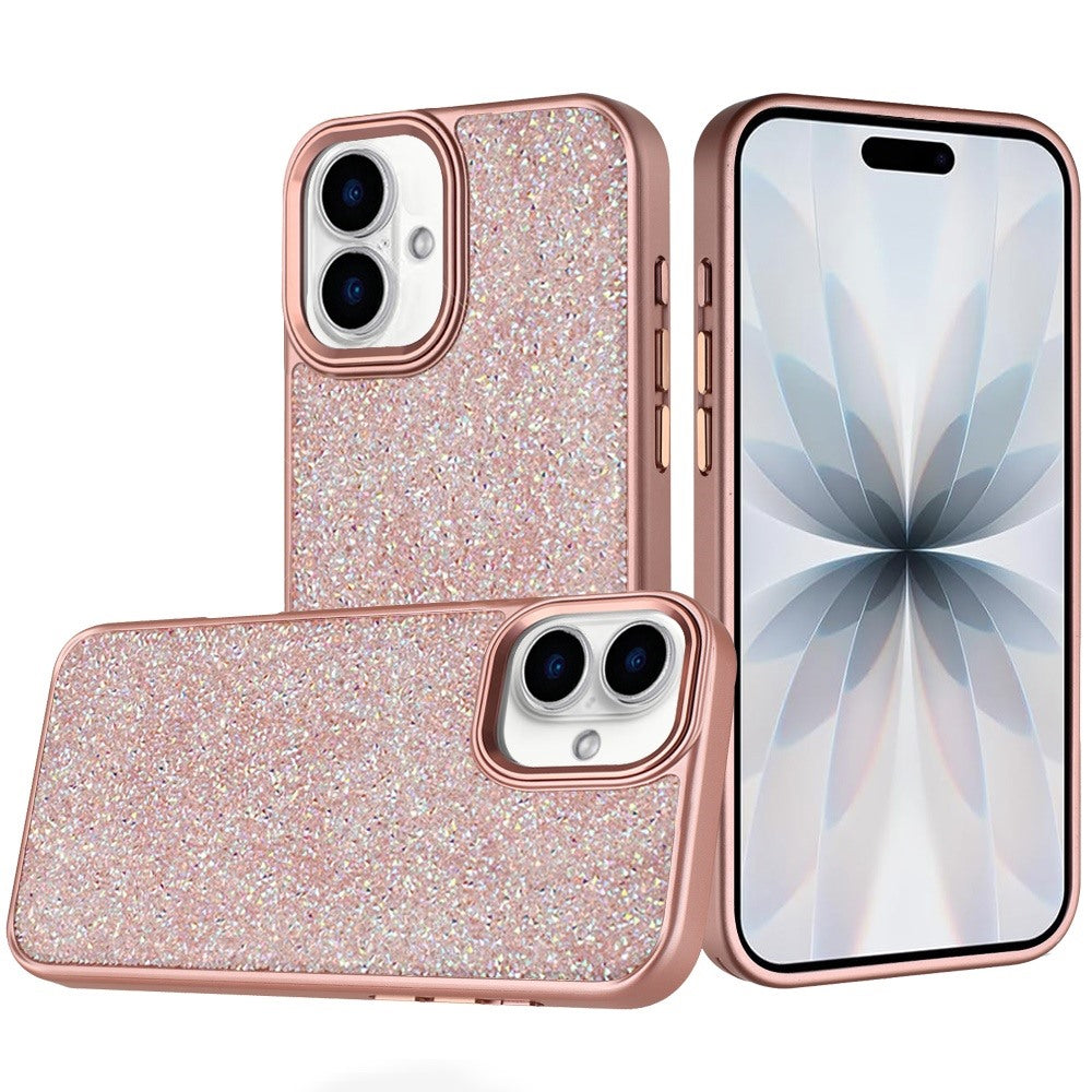 For Apple iPhone 17 (6.3") Crystal Sparkle Diamond Glass Full Mini Glitter Bling Frame TPU Hybrid Protective Case Cover