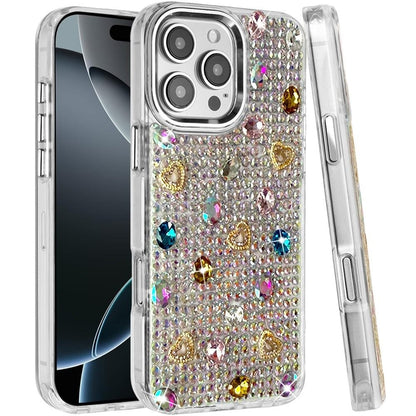 Phone Case for iPhone 16 Pro Max Chrome Fashion Hybrid Bling Diamond Heart Rhinestone Decorative Stones Sparkling Embellished Design Cover