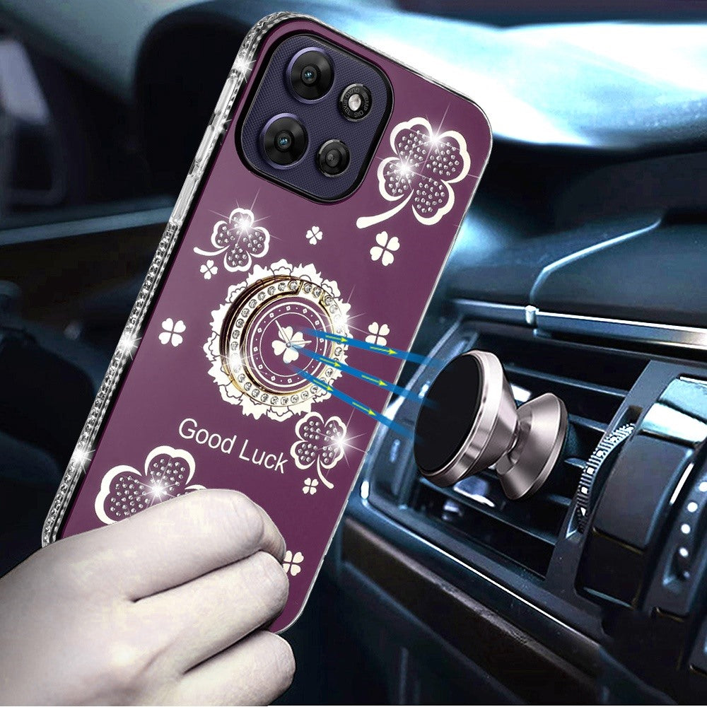 Phone Case for Motorola Moto G Power 5G 2026 /2025 Glitter Diamond Ring Stand Sparkle Rhinestone Edge AntiSlip Kickstand Luxury Fashion Bumper Shockproof Cover Purple
