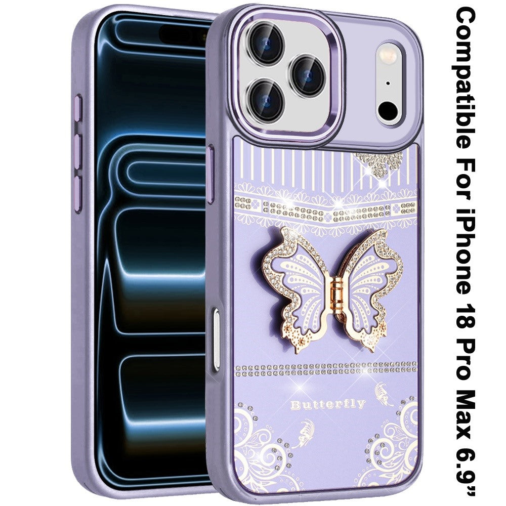 Phone Case for Apple iPhone 18 Pro Max Glitter Bling Butterfly Stand Metallic Edge Hybrid Shockproof Grip Durable Camera Protection Stylish Design Cover