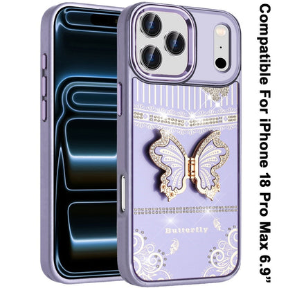 Phone Case for Apple iPhone 18 Pro Max Glitter Bling Butterfly Stand Metallic Edge Hybrid Shockproof Grip Durable Camera Protection Stylish Design Cover