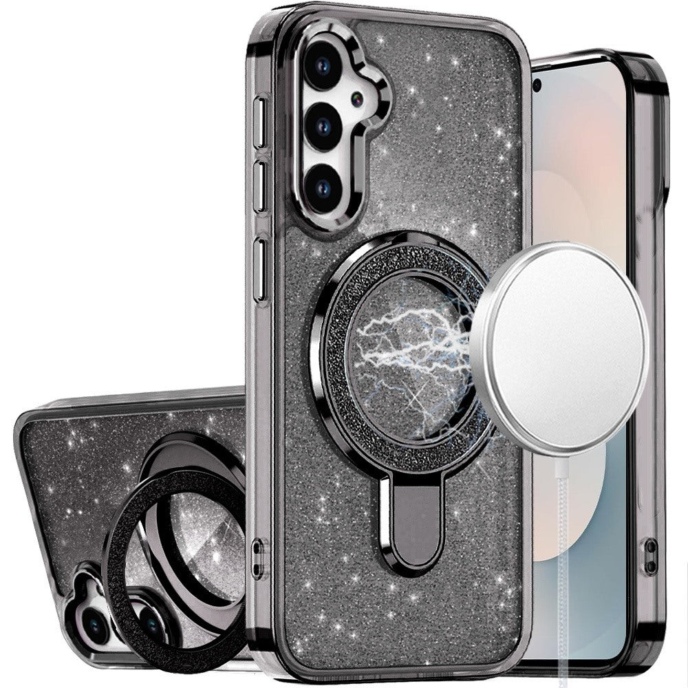 For Samsung Galaxy S26+ / S26 Plus Transparent Glitter Bling Case with Rotating Magnetic Ring Stand, Shockproof Hybrid Case Cover
