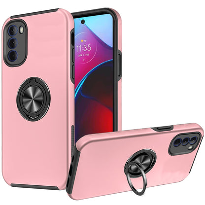 For iPhone 15 (6.1") Hybrid 360 Degree Rotatable Metal Invisible Ring Stand Holder Slim Fit Magnetic Car Mount Shockproof Case Cover Rose Gold