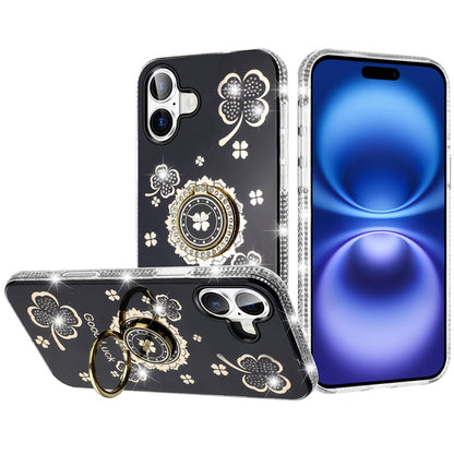 For Apple iPhone 17 (6.3") Diamonds Bling All Around Edges Sparkly Glitter Hybrid with Ring Stand Holder Fashion Good Luck Case Cover