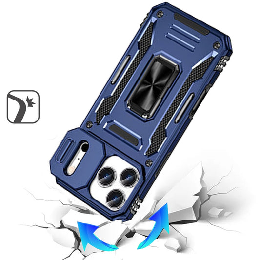 Phone Case for Apple iPhone 17 Pro Max (6.9") Tough Metal Ring Shockproof Sliding Camera Window Hybrid Armor Rugged Anti Slip Heavy Duty Grip Cover Navy Blue
