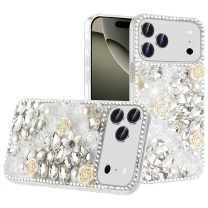 Phone Case for Apple iPhone 17 Pro Max Rose Flower Full Diamond Bling Rhinestone Glitter Luxury Stylish Sparkle Protective Designer Hybrid Cover