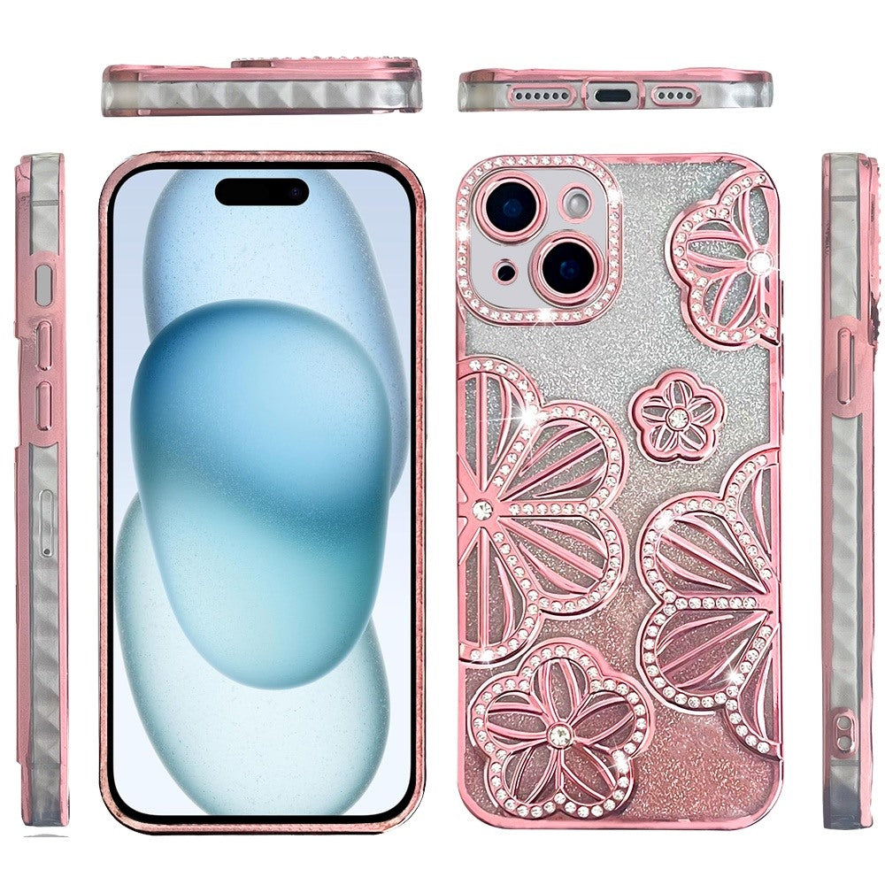 Phone Case for iPhone 15 (6.1") Shimmer Glitter Floral Thick TPU Shockproof Durable Grip Camera Protection Anti-Scratch Stylish Design Cover Rose Gold