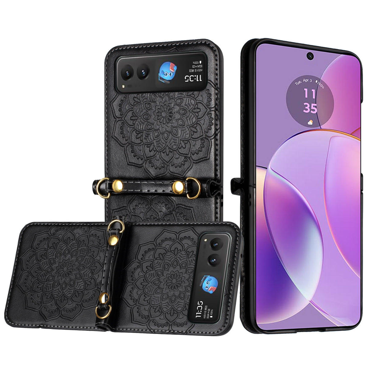 Phone Case for Motorola Razr 2026, Razr 2025, Razr 2024 PU Leather Embossed Floral Textured with Strap Protective Reinforced Edge Mandala Design Cover Black