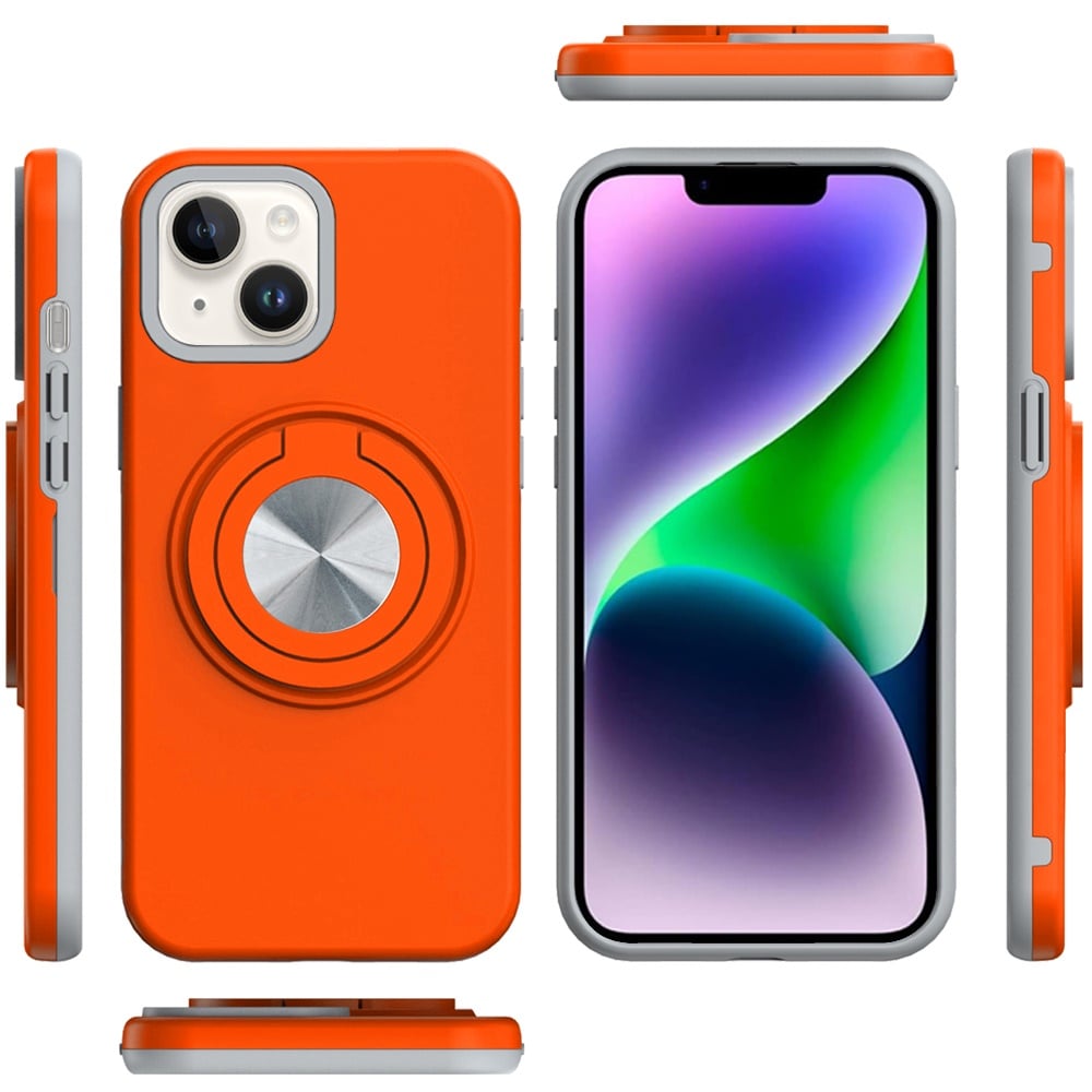 Phone Case for Apple iPhone 14/13 Shockproof Magnetic Ring Stand Rotating CarMount Hybrid Metal Matte Finish AntiSlip Grip Kickstand Cover Cosmic Orange