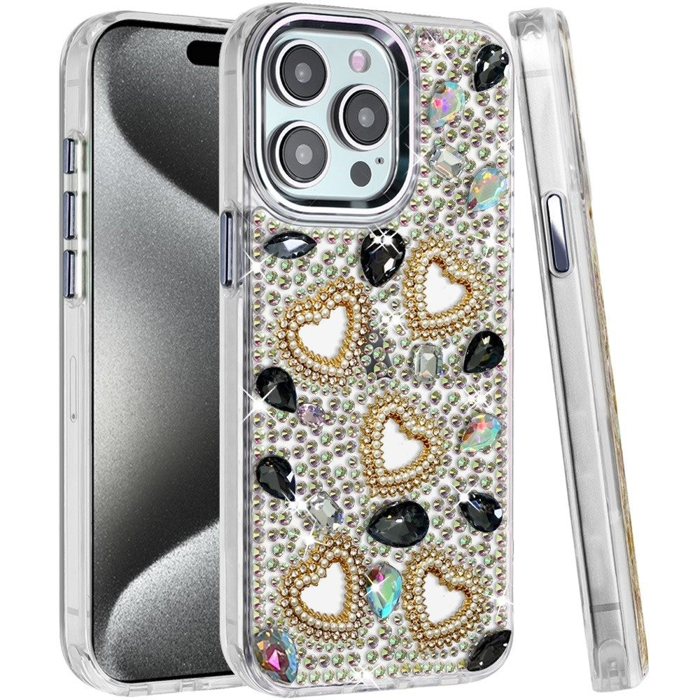 Phone Case for Apple iPhone 15 Pro Max Luxury Crystal Heart Rhinestone Diamond Bling Shockproof Hybrid Glitter Protective Stylish Durable Grip Cover
