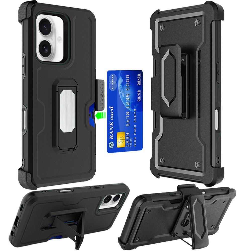 For Apple iPhone 16 Plus (6.7") Armor Shockproof Belt Clip Holster with Credit Card Holder, Kickstand Protective Full Body Heavy Duty Hybrid Case Cover Black