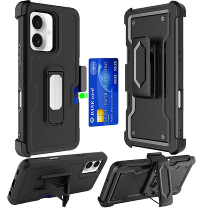 For Apple iPhone 16 Plus (6.7") Armor Shockproof Belt Clip Holster with Credit Card Holder, Kickstand Protective Full Body Heavy Duty Hybrid Case Cover Black