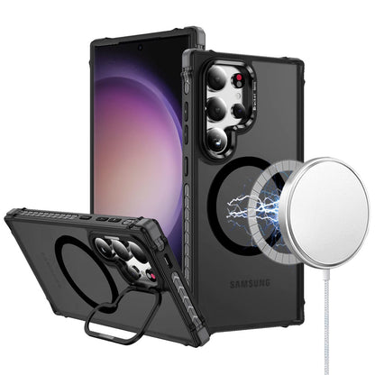 Phone Case for Samsung Galaxy S23 Ultra Shatterproof Style Metal Camera Stand Magnetic Circle Colorful Edge Bar Rugged Design Surround Accent Detail Cover Black