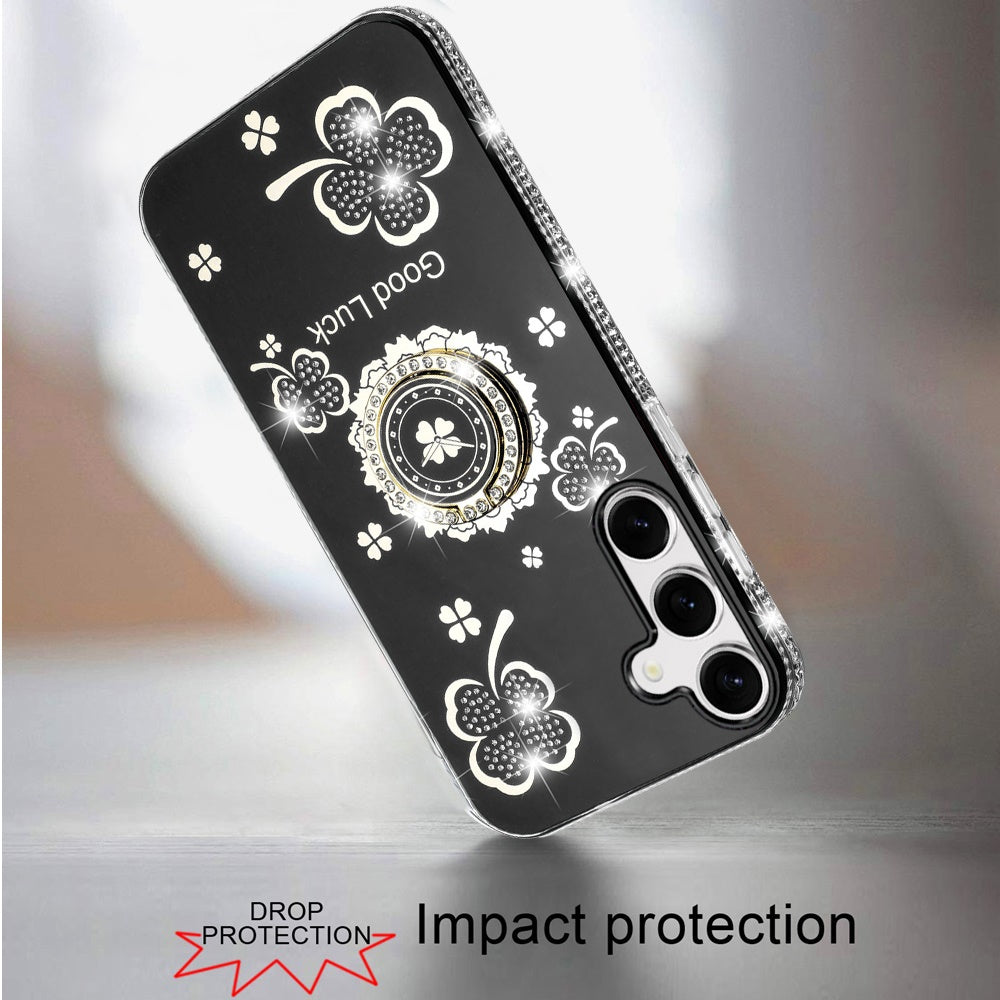 For Samsung Galaxy S26 Diamonds Bling All Around Edges Sparkly Glitter Hybrid with Ring Stand Holder Fashion Good Luck Case Cover