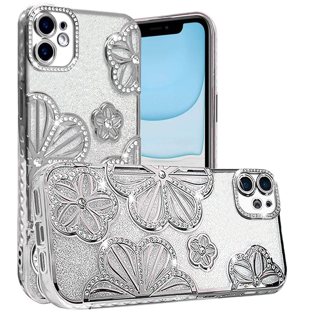 Phone Case for Apple iPhone 11 Shimmer Glitter Floral Thick TPU Shockproof Durable Grip Camera Protection Anti-Scratch Stylish Design Cover Silver