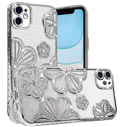 Phone Case for Apple iPhone 11 Shimmer Glitter Floral Thick TPU Shockproof Durable Grip Camera Protection Anti-Scratch Stylish Design Cover Silver