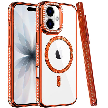 Phone Case for Apple iPhone 17 Luxury Diamond Bling Edged Magnetic Glitter Shockproof Hybrid with Camera Kickstand Durable Grip Cover Orange