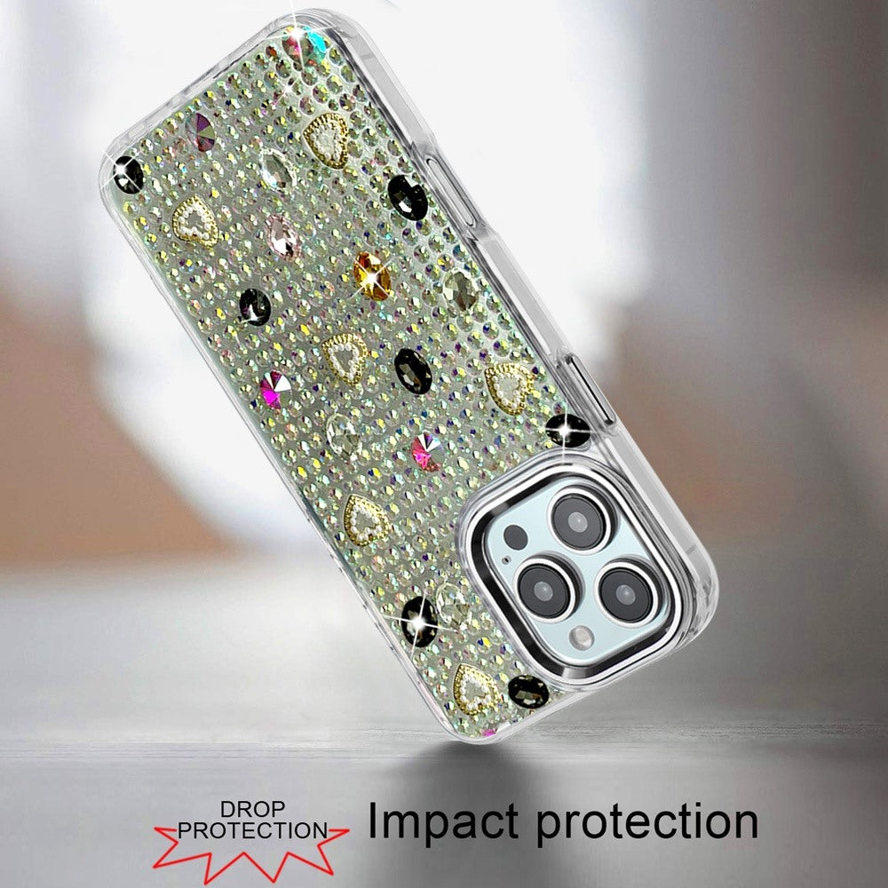 Phone Case for Apple iPhone 16 Pro Chrome Fashion Hybrid Bling Diamond Heart Rhinestone Decorative Stones Sparkling Embellished Design Cover