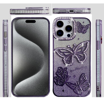 For Apple iPhone 15 Pro Max Luxury Butterfly Sparkle Glitter Diamond Crystal Rhinestone Shimmer Bling Plating Thick TPU Hard PC Case Cover Rose Gold