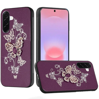 Phone Case for Samsung Galaxy A37 Diamond Glitter 3D Butterfly Engraved Luxury Bling Hybrid Shockproof Chrome Edge Protective Durable Grip Cover Purple