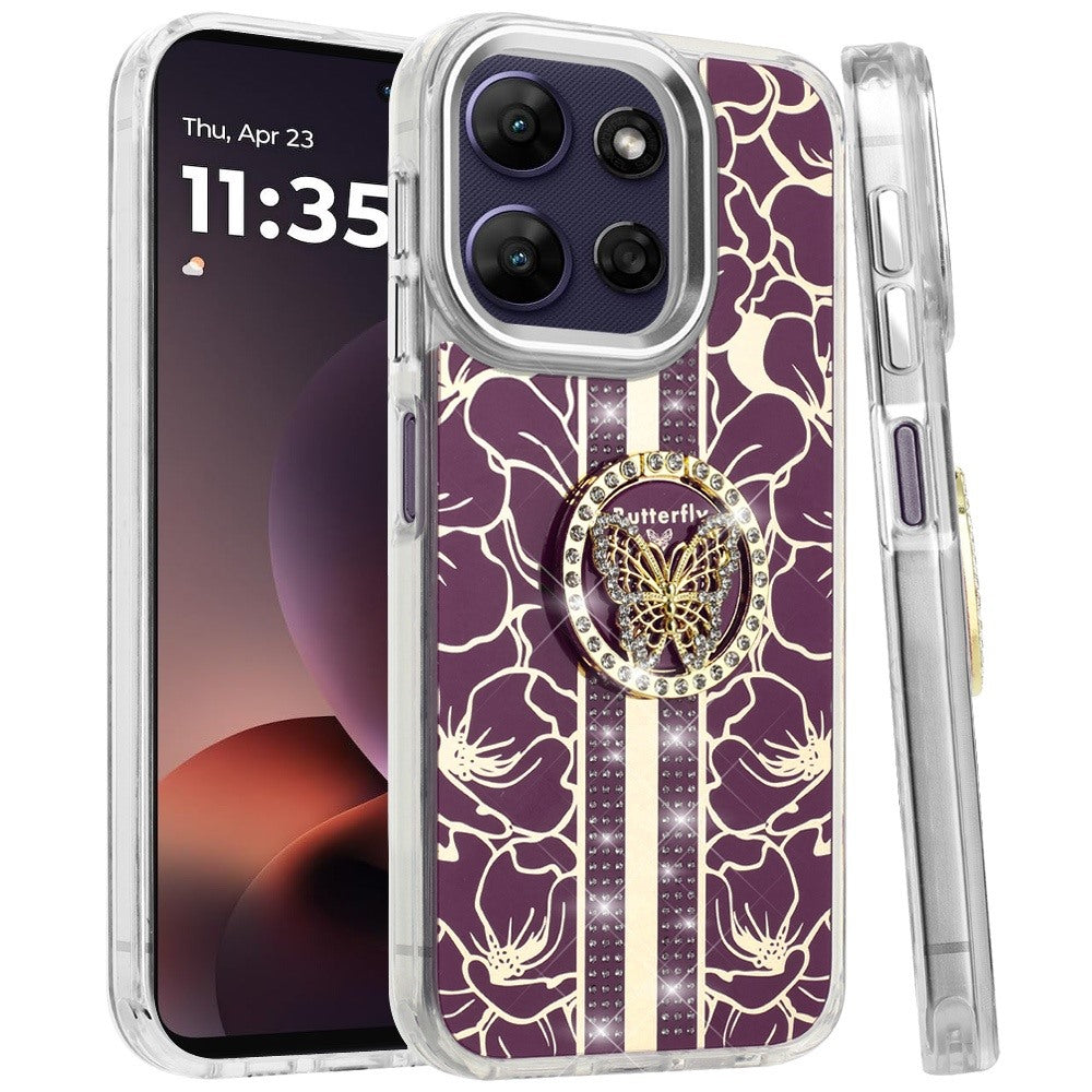 Phone Case for Motorola Moto G Power 5G 2026 /2025 Floral Butterfly Ring Stand Glitter Bling Shockproof Hybrid Luxury Fashion Protective Anti Slip Durable Grip Cover