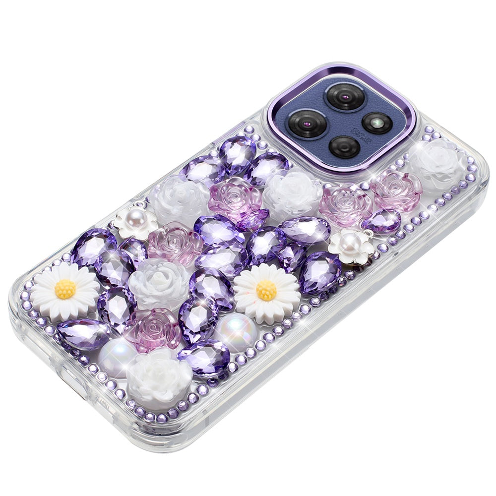For Motorola Moto G 5G 2025 Fashion Daisy Floral Series, Full 3D Bling Crystal Diamonds Sparkling Rhinestone Glitter Hybrid Design Case Cover