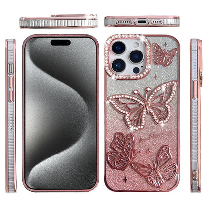 For Apple iPhone 15 Pro Max Luxury Butterfly Sparkle Glitter Diamond Crystal Rhinestone Shimmer Bling Plating Thick TPU Hard PC Case Cover Rose Gold