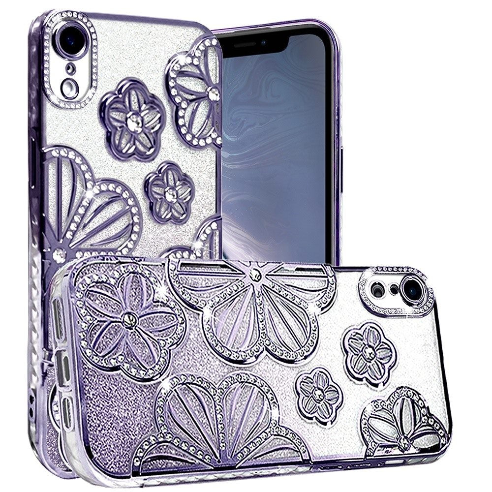 For iPhone XR Luxury Flower Design Sparkle Glitter Diamond Rhinestone Shimmer Bling Plating Thick TPU Hard PC Case Cover