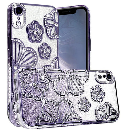 For iPhone XR Luxury Flower Design Sparkle Glitter Diamond Rhinestone Shimmer Bling Plating Thick TPU Hard PC Case Cover