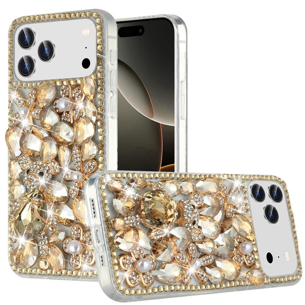 Phone Case for Apple iPhone 17 Pro Max Luxury Full Diamond Glitter 3D Floral Ornament Hybrid Shockproof Stylish Rhinestone Designer Protective Elegant Cover