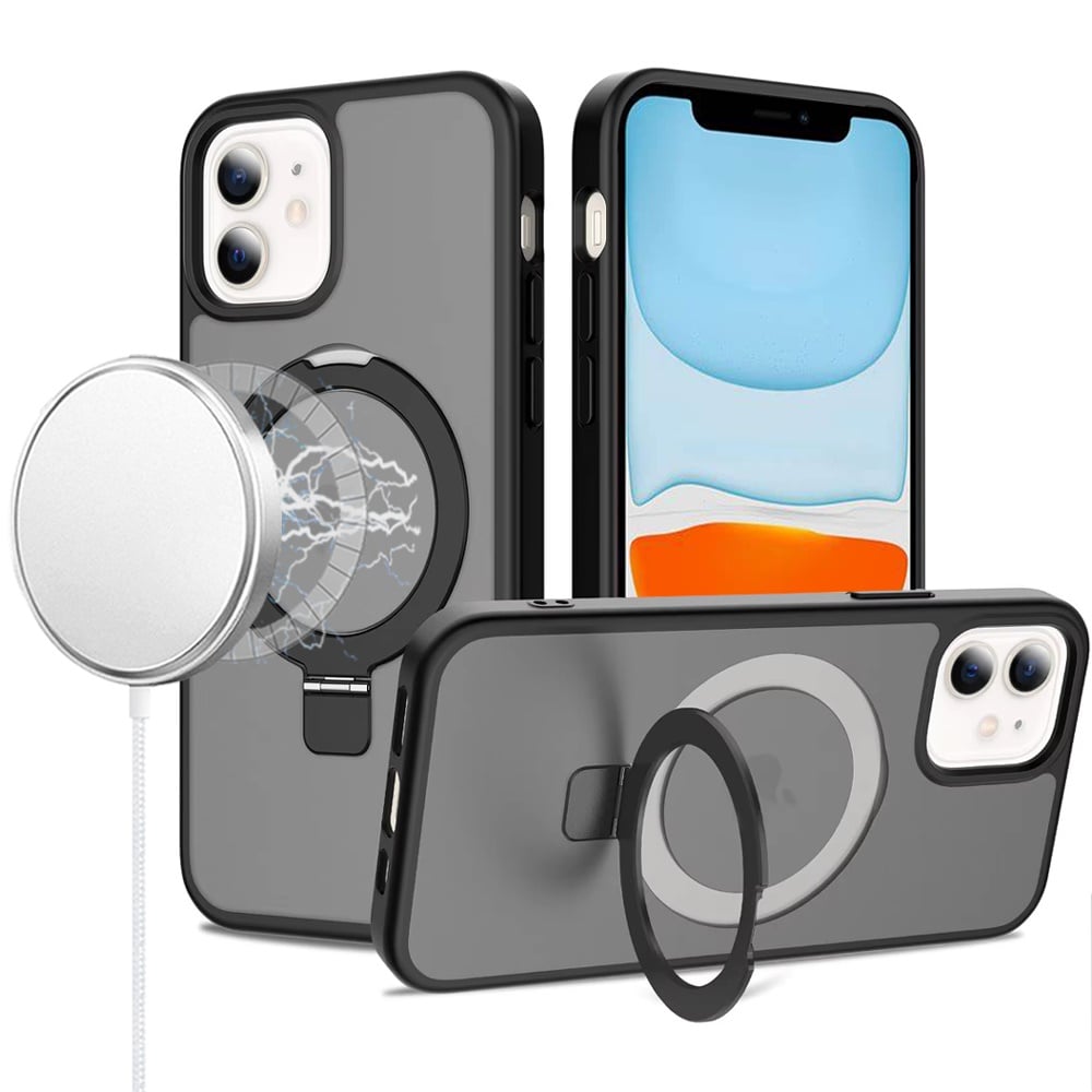 Phone Case for Apple iPhone 11 Magnetic Ring Stand Full Rotation Matte Shockproof Grip Anti Slip Durable Camera Protection Hybrid Cover Black