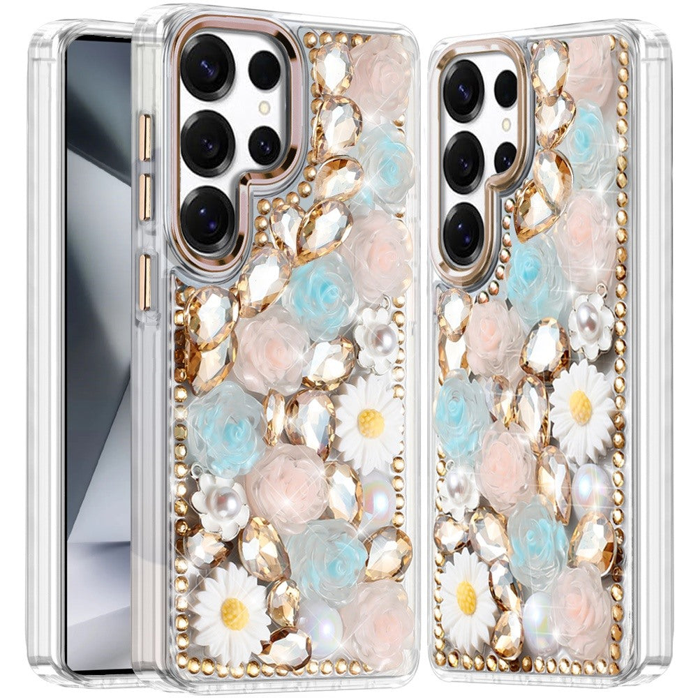 For Samsung Galaxy A37 Fashion Daisy Floral Series, Full 3D Bling Crystal Diamonds Sparkling Rhinestone Glitter Hybrid Design Case Cover