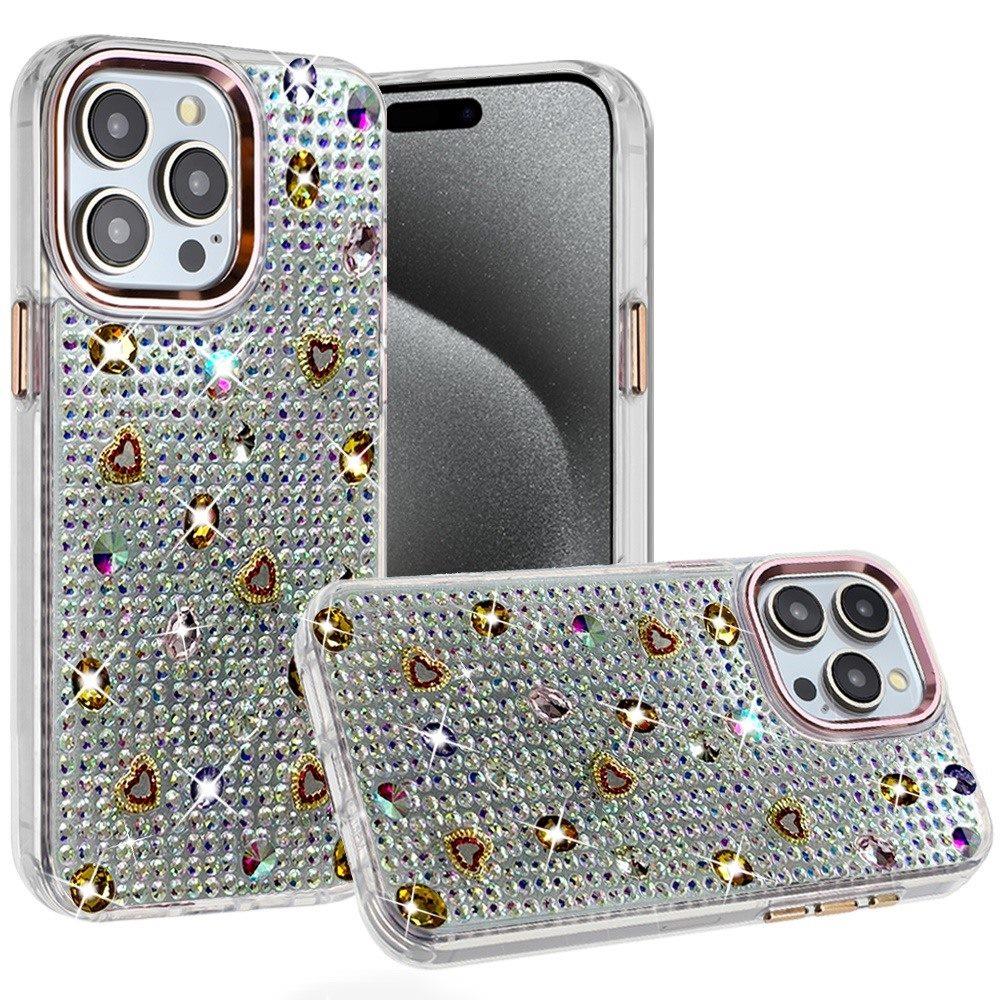 Phone Case for Apple iPhone 15 Pro Max Chrome Fashion Hybrid Bling Diamond Heart Rhinestone Decorative Stones Sparkling Embellished Design Cover Gold