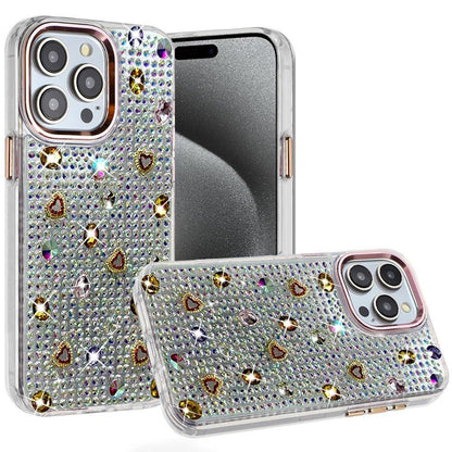 Phone Case for Apple iPhone 15 Pro Max Chrome Fashion Hybrid Bling Diamond Heart Rhinestone Decorative Stones Sparkling Embellished Design Cover Gold