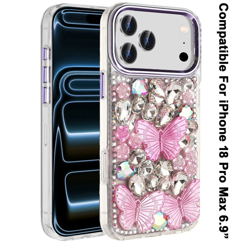 Phone Case for Apple iPhone 18 Pro Max Luxury 3D Floral Butterfly Bling Rhinestone Glitter Shockproof Stylish Protective Hybrid Designer Metallic Cover