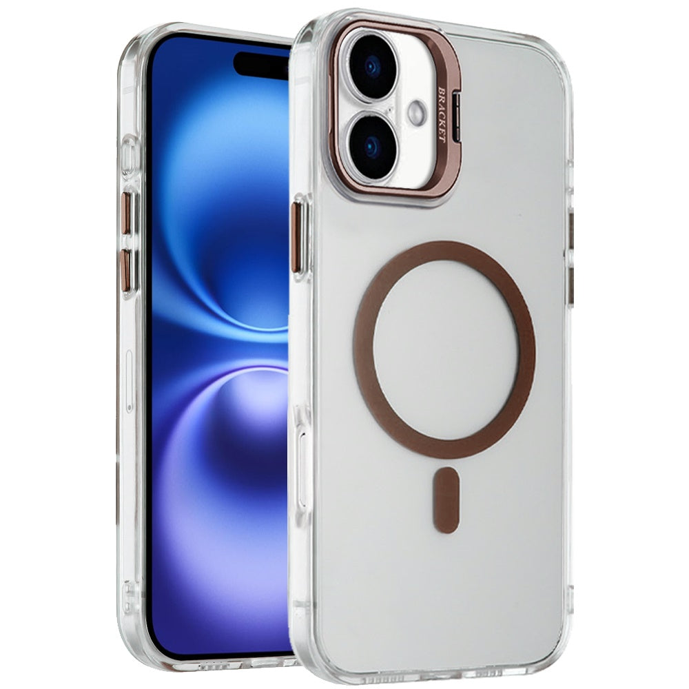 For Apple iPhone 17 (6.3") Magnetic Back MagSafe Compatible Transparent Hybrid Drop Protection with Metallic Camera Stand Case Cover