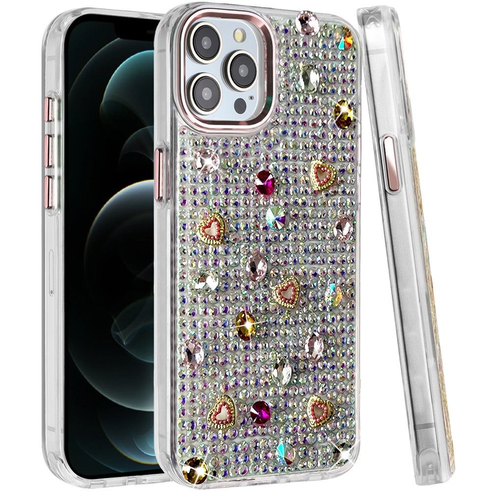 Phone Case for Apple iPhone 12 Pro Max Chrome Fashion Hybrid Bling Diamond Heart Rhinestone Decorative Stones Sparkling Embellished Design Cover