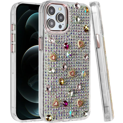 Phone Case for Apple iPhone 12 Pro Max Chrome Fashion Hybrid Bling Diamond Heart Rhinestone Decorative Stones Sparkling Embellished Design Cover