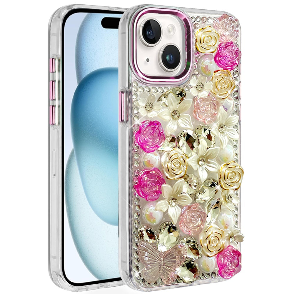 Phone Case for iPhone 15 Luxury Rose Bling Rhinestone Glitter Floral Hybrid Shockproof Stylish Protective Designer Ornament Sparkle Cover Pink