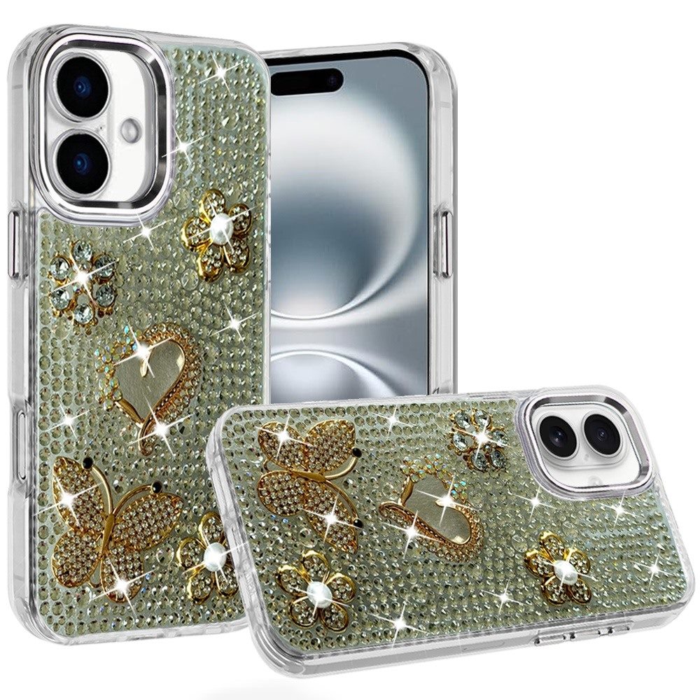 Phone Case for Apple iPhone 16 Luxury Crystal Butterfly Floral Jeweled Heart Full Diamond Design, Sparkling Decorative Details, Elegant Style Cover Silver