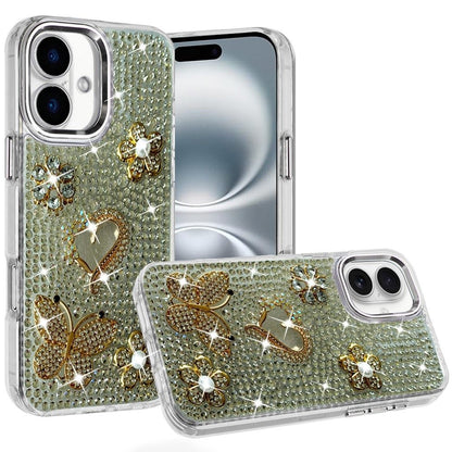 Phone Case for Apple iPhone 16 Luxury Crystal Butterfly Floral Jeweled Heart Full Diamond Design, Sparkling Decorative Details, Elegant Style Cover Silver