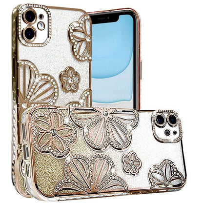 For Apple iPhone 11 Luxury Flower Design Sparkle Glitter Diamond Rhinestone Shimmer Bling Plating Thick TPU Hard PC Case Cover