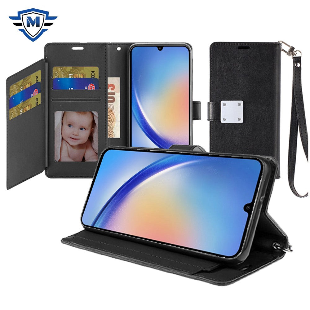 For Samsung Galaxy A36 Premium Leather Wallet with Credit Card ID Slots Cash Holder, Duo Flip Pouch, Stand Function & Strap Case Cover Black
