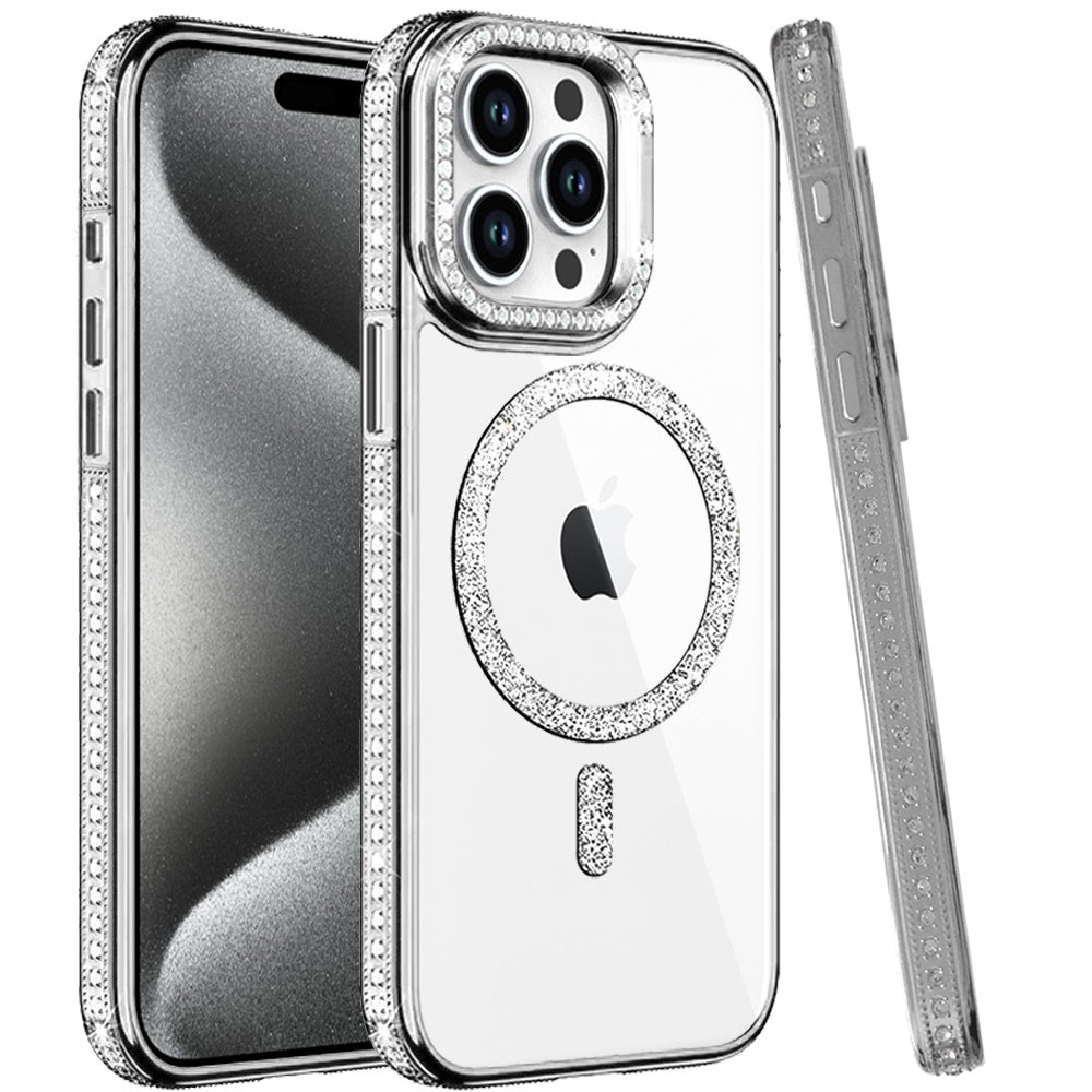 Phone Case for Apple iPhone 15 Pro Max Luxury Diamond Bling Edged Magnetic Glitter Shockproof Hybrid with Camera Kickstand Durable Grip Cover
