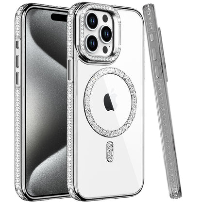 Phone Case for Apple iPhone 15 Pro Max Luxury Diamond Bling Edged Magnetic Glitter Shockproof Hybrid with Camera Kickstand Durable Grip Cover
