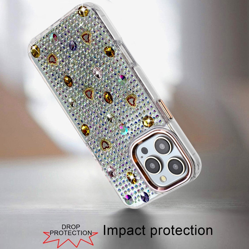 Phone Case for iPhone 16 Pro Max Chrome Fashion Hybrid Bling Diamond Heart Rhinestone Decorative Stones Sparkling Embellished Design Cover