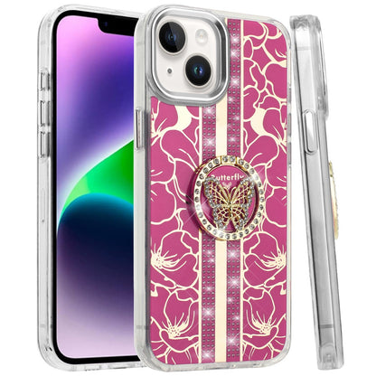 Phone Case for Apple iPhone 14/13 Floral Butterfly Ring Stand Glitter Bling Shockproof Hybrid Luxury Fashion Protective Anti Slip Durable Grip Cover Hotpink